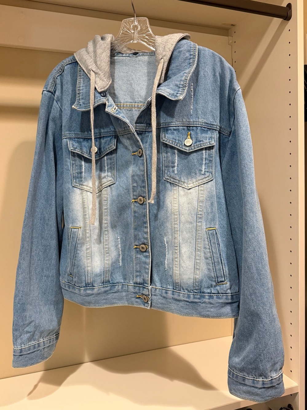 Light Blue Denim Jacket with Grey Hood - Women